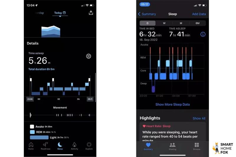 2 скриншота приложения Oura и Apple Health